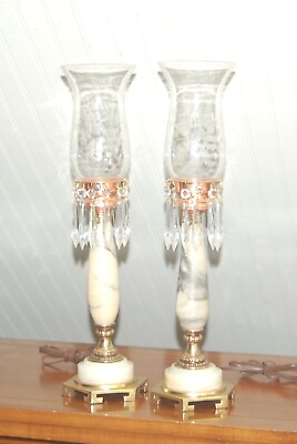 #ad #ad CRYSTAL Prism Hurricane Lamps Pair HOLLYWOOD REGENCY Buffet Marble Alabaster $250.00