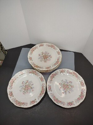 #ad 6 Remington Fine China Red Sea 8quot; Salad Plate Gold Trim Pink Roses $24.00