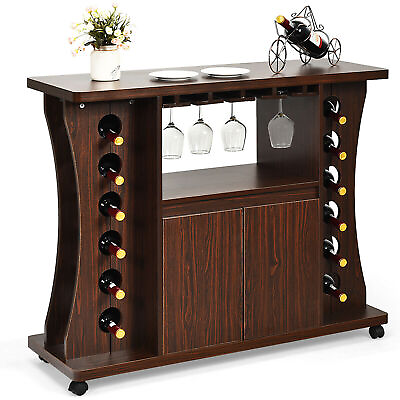 Rolling Buffet Sideboard Wooden Bar Storage Cabinet w Wine Rack amp; Glass Holder $147.00
