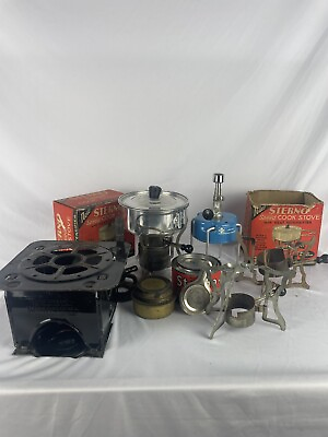 Vintage Used Sterno Stave Set No. 25 Can with Tripod Stand And Accessory $49.95