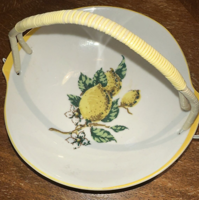 #ad Vintage Handled Bowl Basket Lemon Motif Fruit Table Display Bowl $6.75