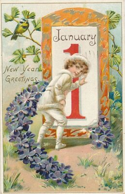 #ad NEW YEAR Child Horse Shoe of Flowers and Bird New Year Greetings Postcard 1910 $6.87