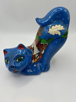 #ad Ceramic Mexican Pottery Cat figurine Unique Vintage Hand painted Blue exc. cond. $18.00