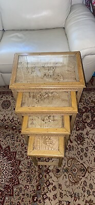 #ad Beautiful Antique Set 4 Asian Nesting Tables Carved Beautiful Wooden Tables $600.00
