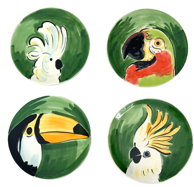 #ad Pottery Barn Parrot Plates Salad Lunch Toucan Cockatiel Birds Set of 4 Crackles $35.00