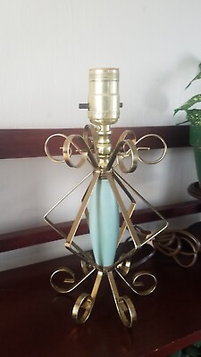 Vintage MCM Turquoise Wood amp; Gold Brass Working Table Lamp Retro $40.00