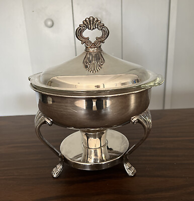 #ad VTG F.B. Rogers Silver Plated Chafing Warmer Dish w 2 Qt Anchor Hockg Glass Bowl $29.99