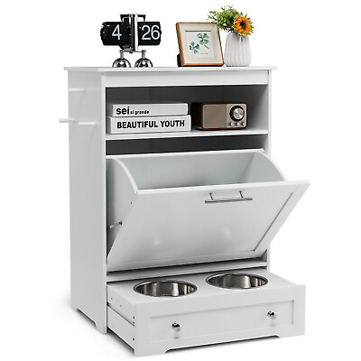 Pet Feeding Station Furniture w Double Pull Out Dog Bowl Food Cabinet White $159.98