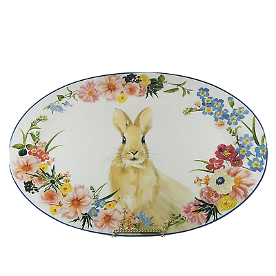 #ad Pottery Barn Flora Bunny Rabbit Summer Platter 18 3 4quot; x 12quot; Oval $139.99