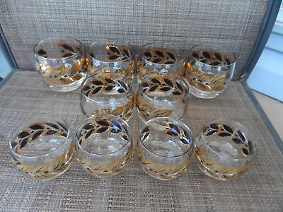 10 Federal Glass MCM Gold Black Laurel Leaf Roly Poly Bar Glasses 3 sizes $49.99