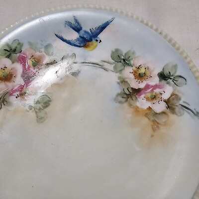 #ad Vintage Hand Painted 7quot; Plate Blue Bird Pink Apple Blossoms Decorative Salad $9.94