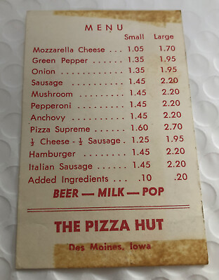 #ad Vintage Small Pizza Hut Menu Card 1960s Des Moines Iowa IA Restaurant $9.25