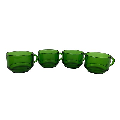 #ad #ad Vereco Emerald Green Glass Cup Tea Mugs Vintage Dish Set France Lot of 4 $44.94