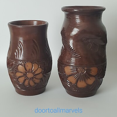 #ad VTG KOROND Hand Carved Ceramic Vases Signed Transylvania Pottery Rustic 2 $19.54