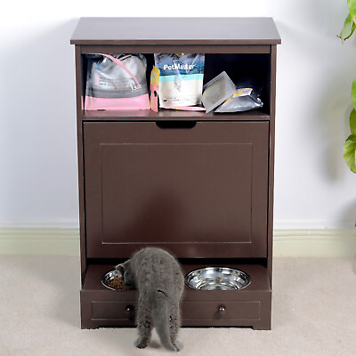 #ad Pet Feeding Station Furniture w Double Pull Out Dog Bowl Food Cabinet Coffee $186.99