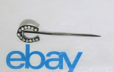 #ad Antique Sterling Silver Rhinestone Horse Shoe Stick Pin Signed SN $29.39