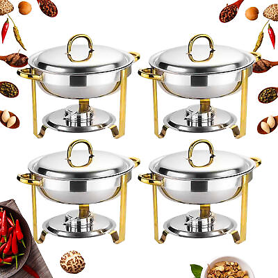 #ad Round Chafing Dish Buffet Set Stainless Steel with Lidamp;Holder 4pcs Gold Plated $334.90
