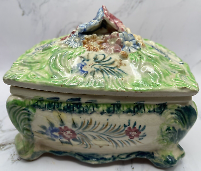 #ad Hand Painted Floral Lidded Rectangular VINTAGE Dish 5quot; x 6.5quot; x 5.5quot; High $11.76