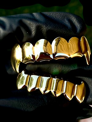 Italy Gold Finish CZ Cluster Custom Slugs Top Bottom Fang GRILLZ Mouth Fang Set $26.99