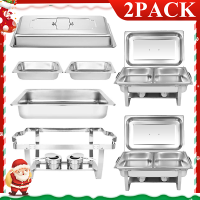#ad #ad 2PC 8Qt Steel Chafer Pan Rectangle Stainless Buffet Chafing Dish Set Food Warmer $67.99
