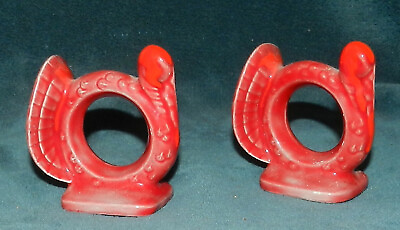 NICE PAIR OF RED POTTERY TURKEY NAPKIN RINGS HOLDERS THANKSGIVING FALL $14.99