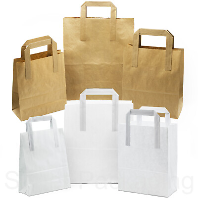 Kraft Paper Bags Brown amp; White SOS Party Takeaway Food Carrier Strong Handle GBP 92.99