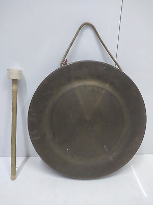 #ad Original Vintage Old Brass Metal Round Plate Tibetan Gong Bell With Wooden Stick $399.00