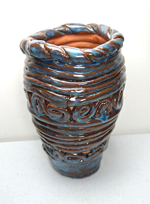 #ad Vintage Studio Art Pottery Vase SIGNED Exposed Coil Rope Vessel Brutalism 7 1 2quot; $68.96