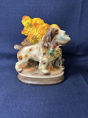 #ad Ceramic Hunting Dog with Duck in mouth in front of Fall Leaves Scene 1940#x27;s $85.00