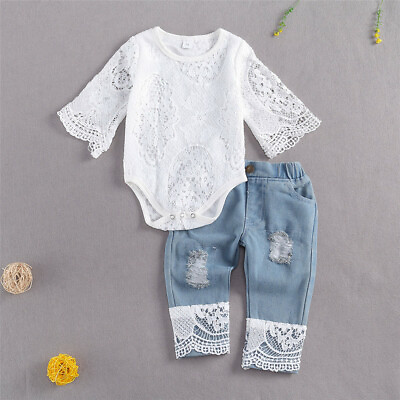 Baby Girl Clothes Fall Cute Baby Girl Outfit Sets Lace Romper Blue Denim Pants $13.99