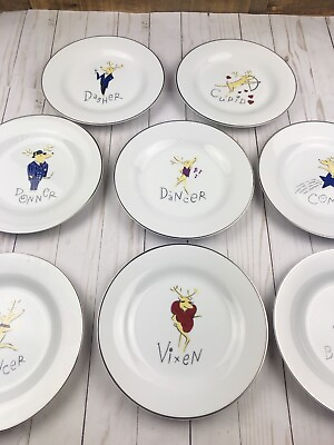 #ad Set Of 8 Pottery Barn Reindeer Plates Lunch Salad Plates Christmas $175.00
