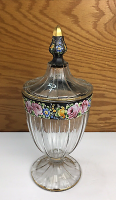 #ad Heisey Glass Recessed Panel Lidded Candy Jar Black Band Roses Hand Painted 13quot; $96.00