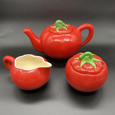 #ad Vintage Pantry Pottery Tomato Red and Green Cream Sugar Teapot with Lids C $46.75