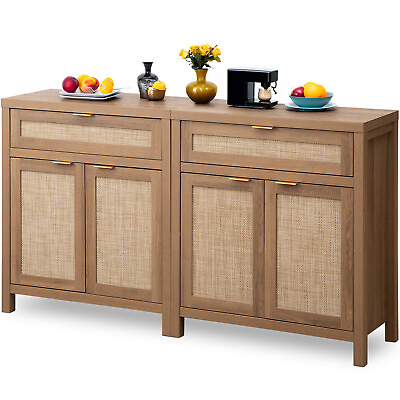 #ad #ad Set of 2 Rattan Sideboard Storage Buffet Cabinet with Drawer for Home Kitchen $278.99