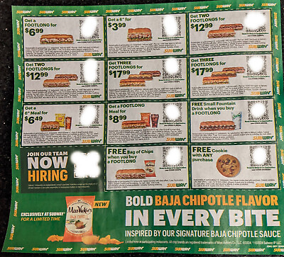 #ad New 14 Subway Coupons 1 Sheets Expire 5 9 24 Save on Food 5 9 2024 $2.05