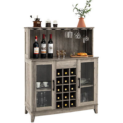 2 Door Buffet Bar Cabinet Kitchen Storage Sideboard Wine Rack Glass Holder Grey $239.98
