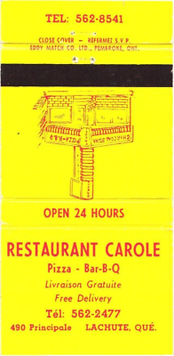 #ad Restaurant Carole Pizza Bar B Q Lachute Quebec Vintage Matchbook Cover $9.99
