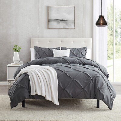 Pinch Pleat Duvet Cover Set 3 Piece Luxurious Pintuck Comforter Cover by Nymbus $26.96