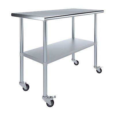 #ad #ad 24 in. x 48 in. Stainless Steel Work Table with Wheels Metal Mobile Food Prep $264.95
