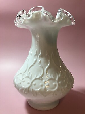 #ad Vintage Fenton Glass Co. Silver Crest Spanish Lace Milk Glass Vase 8quot; Vase $37.50