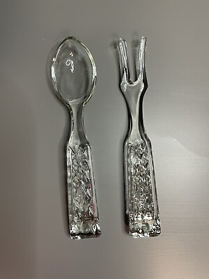 Vintage Crystal Clear Glass Salad Buffet Serving Set 10 Inch Fork and Spoon $14.99