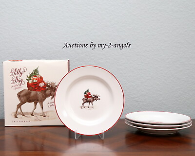 #ad S4 NEW RARE Pottery Barn Christmas SILLY STAG Reindeer Salad Plates alpine cabin $99.95