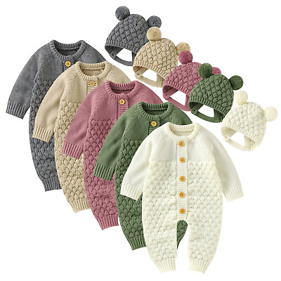 Baby Newborn Girl Winter Knitted Sweater Romper Jumpsuit With Hat Outfit Clothes $25.41