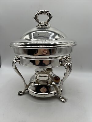 #ad Vintage Silver Plate Chafing Dish 8” Footed 4 Pieces With Lid No Insert Dish $49.00