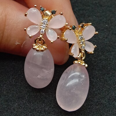 Natural Rose Quartz Egg Drop Pink Crystal Butterfly Stud Earrings $13.30