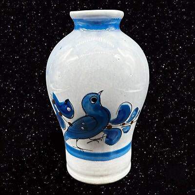 Vintage Mexican Folk Art Tonala Pottery Bird Vase Blue Talavera 6”T 2”W $32.40