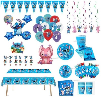 #ad Stitch amp; Lilo Blue Party set Kid Birthday party decoration Banner Plates Cloth GBP 3.99