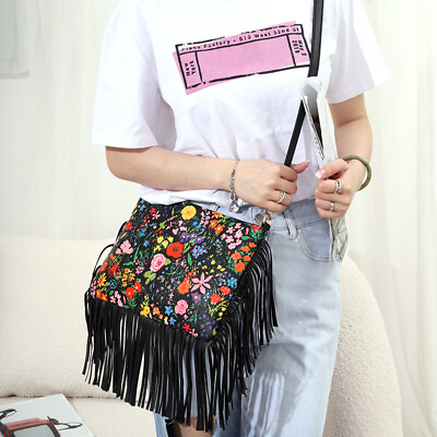 #ad Women Personality Rose Printing Tassel Bag Shoulder Crossbody Handbag Mobile Bag $25.99
