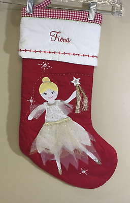 Pottery Barn Kids Fairy Red Quilted Christmas Stocking Mono Fiona Gingham $18.99