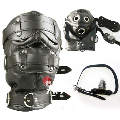 Head Hood Headgear PU Leather Mask Mouth Gag Plug Muzzle Harness Bondage BDSM $34.89